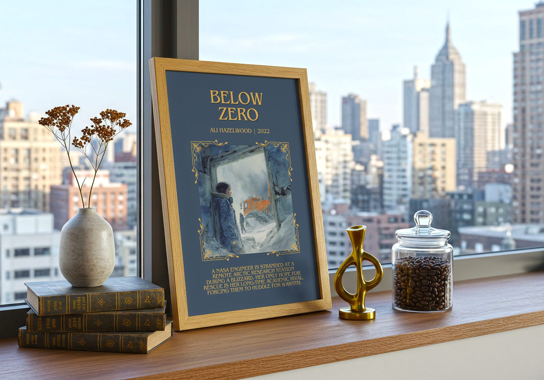 Below Zero Minimalist Book Poster by Ali Hazelwood – framed print on a city-view windowsill