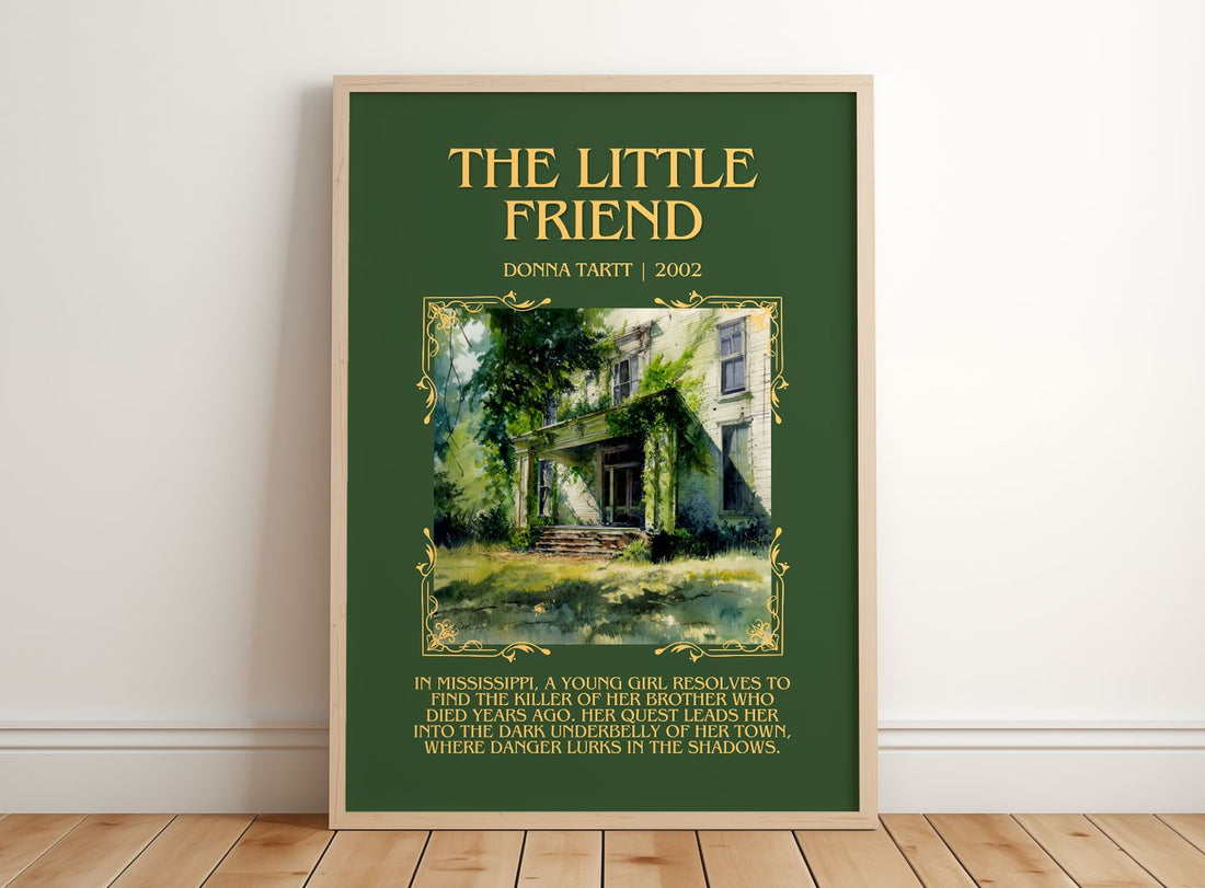 The Little Friend Minimalist Book Poster by Donna Tartt – framed print leaning on a wooden floor