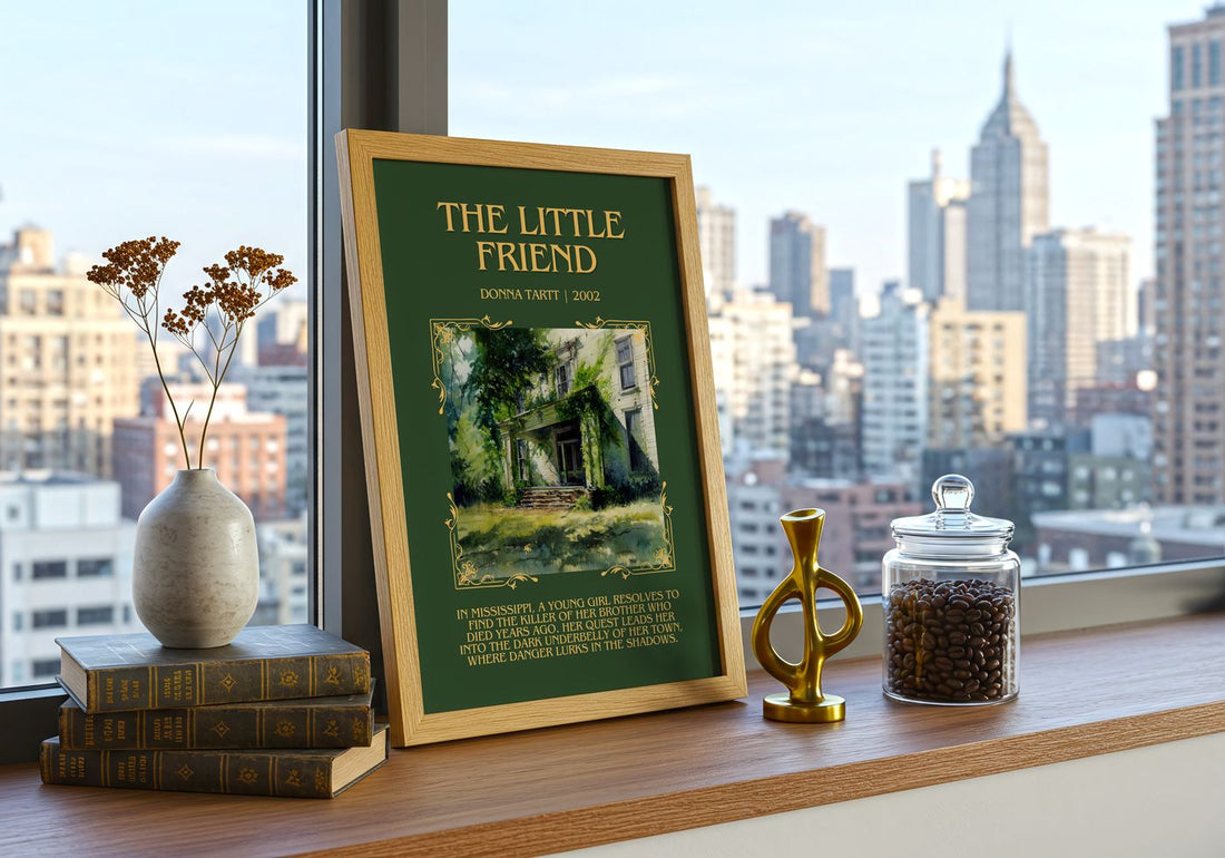 The Little Friend Minimalist Book Poster by Donna Tartt – framed print on a city-view windowsill
