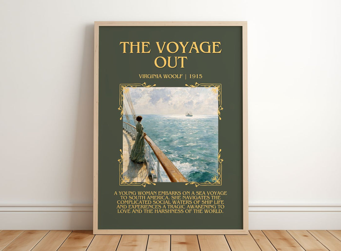 The Voyage Out Minimalist Book Poster by Virginia Woolf – framed print leaning on a wooden floor