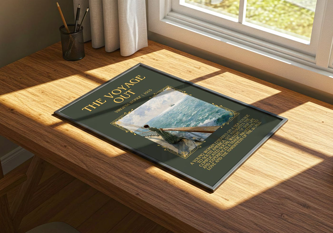 The Voyage Out Minimalist Book Poster by Virginia Woolf – print on a sunlit desk