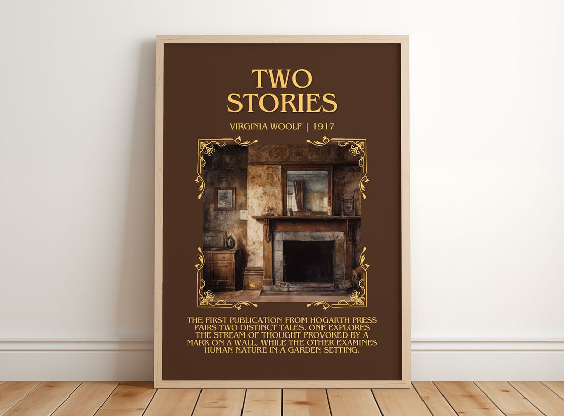Two Stories Minimalist Book Poster by Virginia Woolf – framed print leaning on a wooden floor