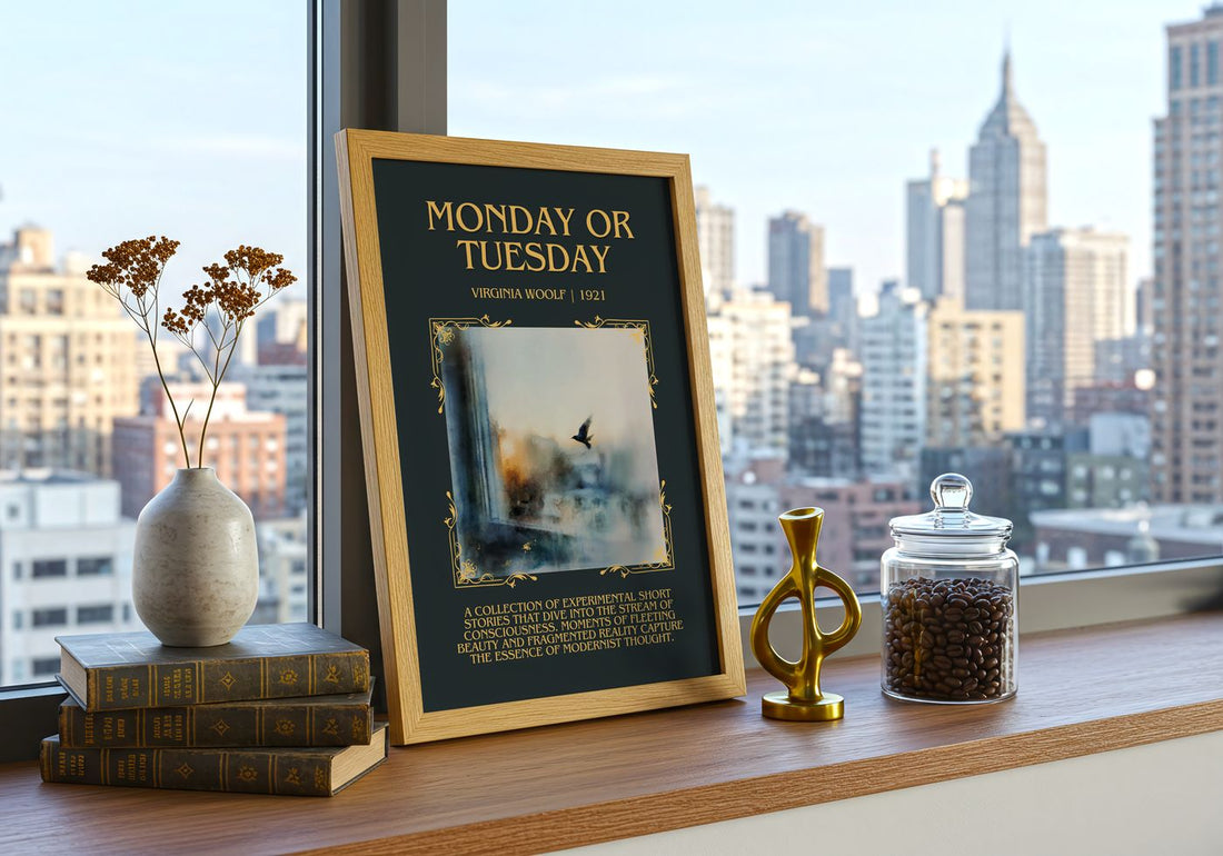Monday Or Tuesday Minimalist Book Poster by Virginia Woolf – framed print on a city-view windowsill