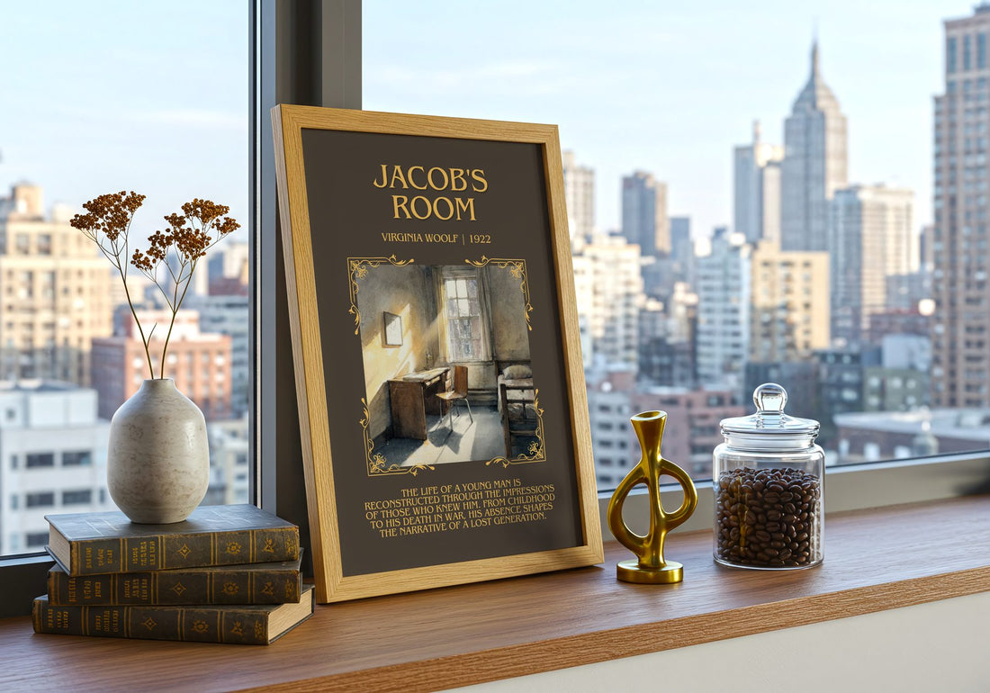Jacob'S Room Minimalist Book Poster by Virginia Woolf – framed print on a city-view windowsill