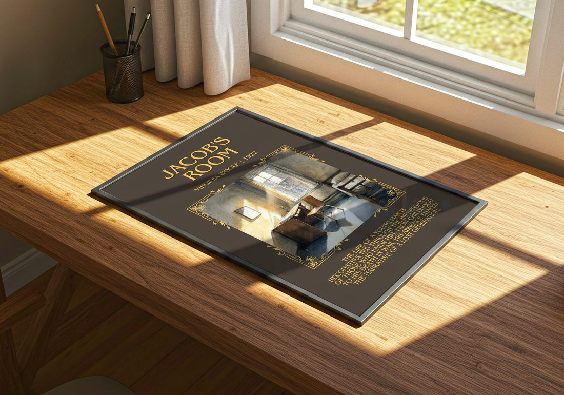 Jacob'S Room Minimalist Book Poster by Virginia Woolf – print on a sunlit desk