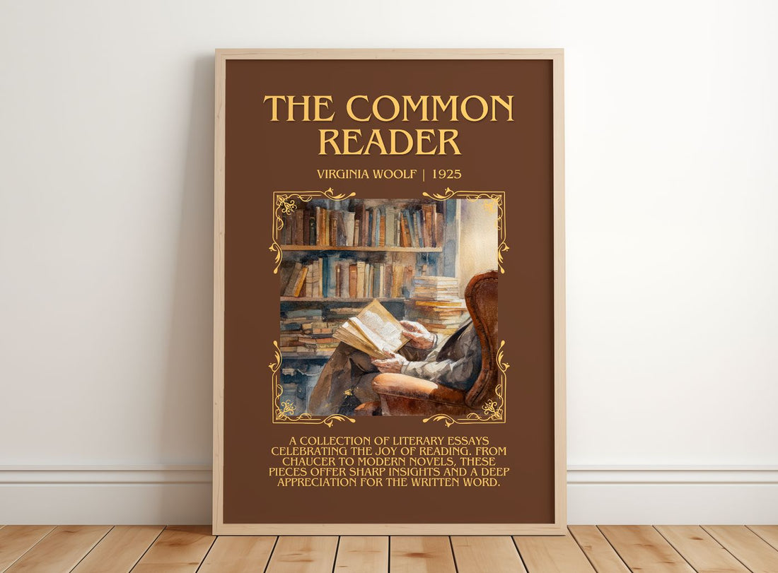 The Common Reader Minimalist Book Poster by Virginia Woolf – framed print leaning on a wooden floor