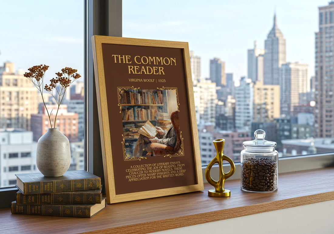 The Common Reader Minimalist Book Poster by Virginia Woolf – framed print on a city-view windowsill