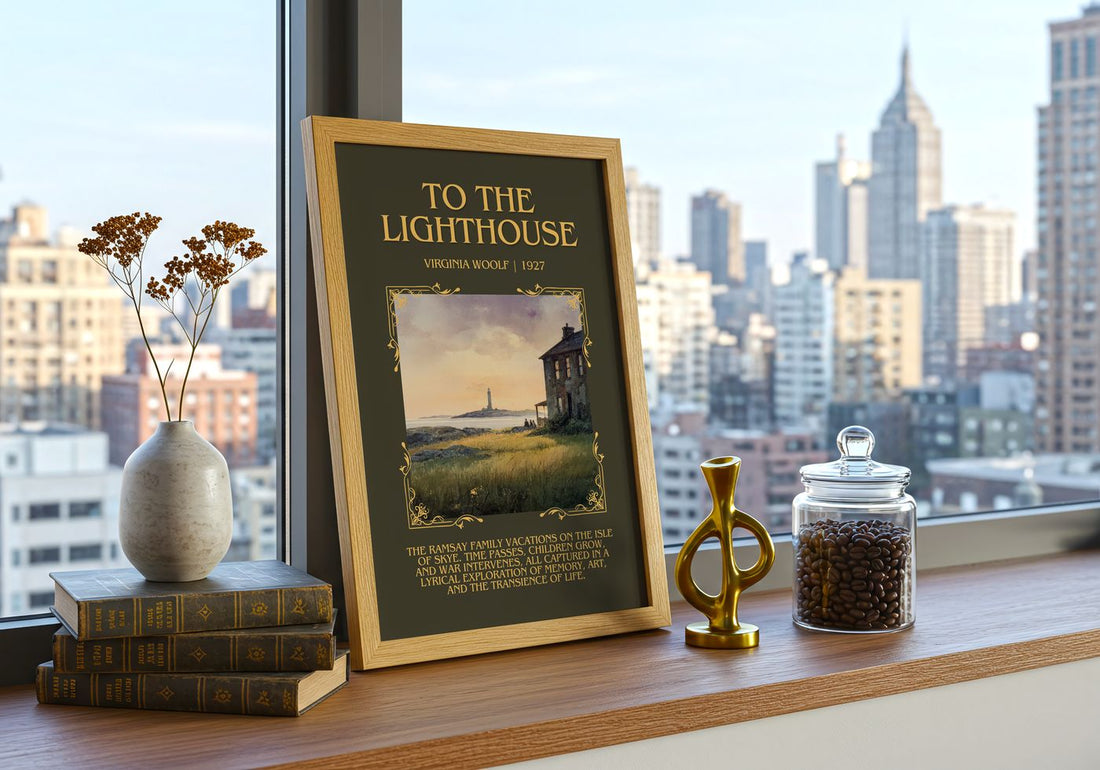 To The Lighthouse Minimalist Book Poster by Virginia Woolf – framed print on a city-view windowsill