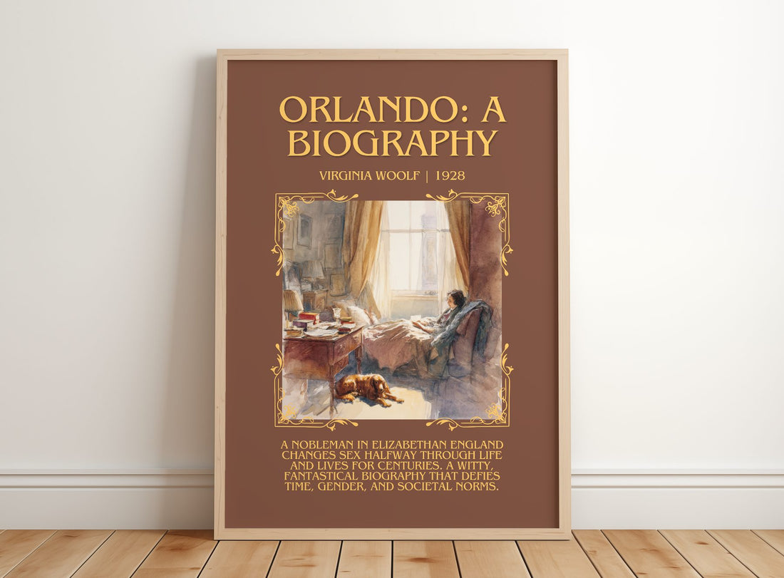 Orlando: A Biography Minimalist Book Poster by Virginia Woolf – framed print leaning on a wooden floor
