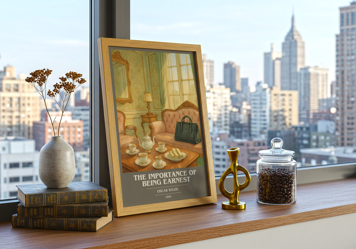 The Importance Of Being Earnest book cover print framed by window – literary home decor