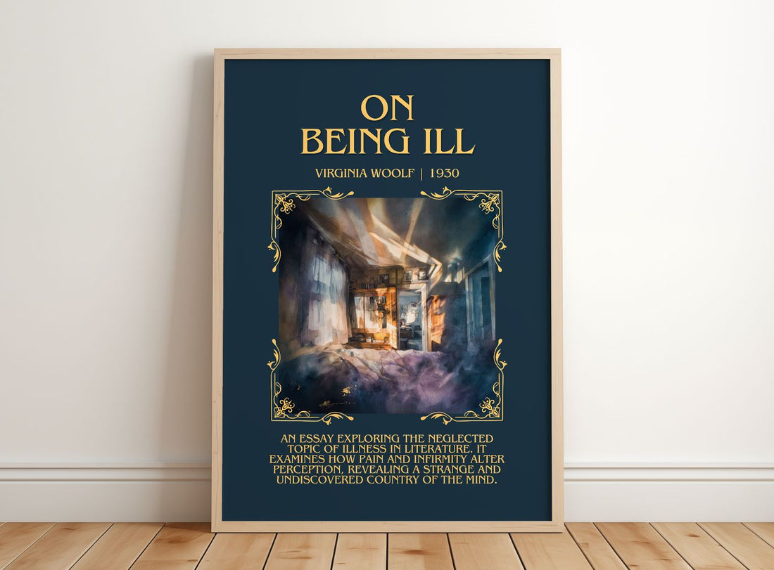 On Being Ill Minimalist Book Poster by Virginia Woolf – framed print leaning on a wooden floor