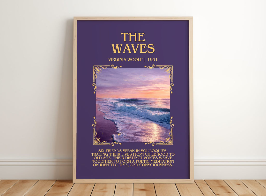 The Waves Minimalist Book Poster by Virginia Woolf – framed print leaning on a wooden floor