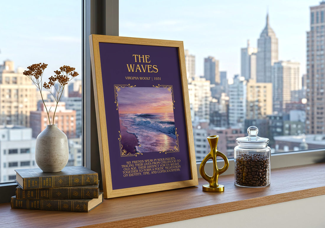 The Waves Minimalist Book Poster by Virginia Woolf – framed print on a city-view windowsill