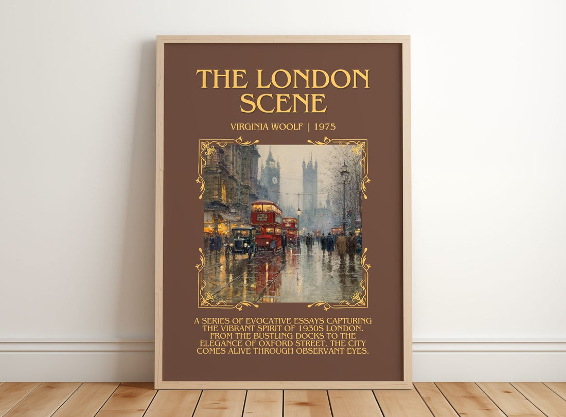 The London Scene Minimalist Book Poster by Virginia Woolf – framed print leaning on a wooden floor