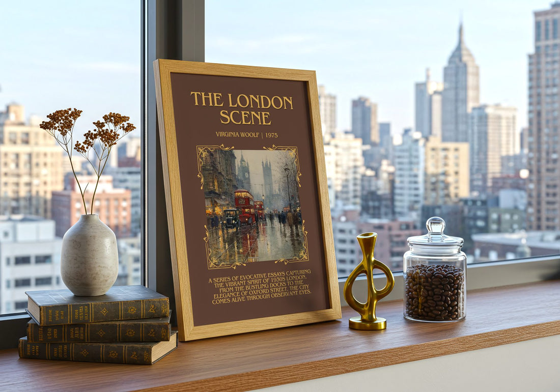 The London Scene Minimalist Book Poster by Virginia Woolf – framed print on a city-view windowsill
