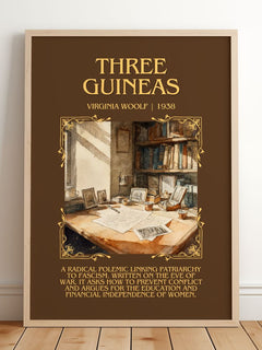 Three Guineas Minimalist Book Poster by Virginia Woolf – framed print leaning on a wooden floor