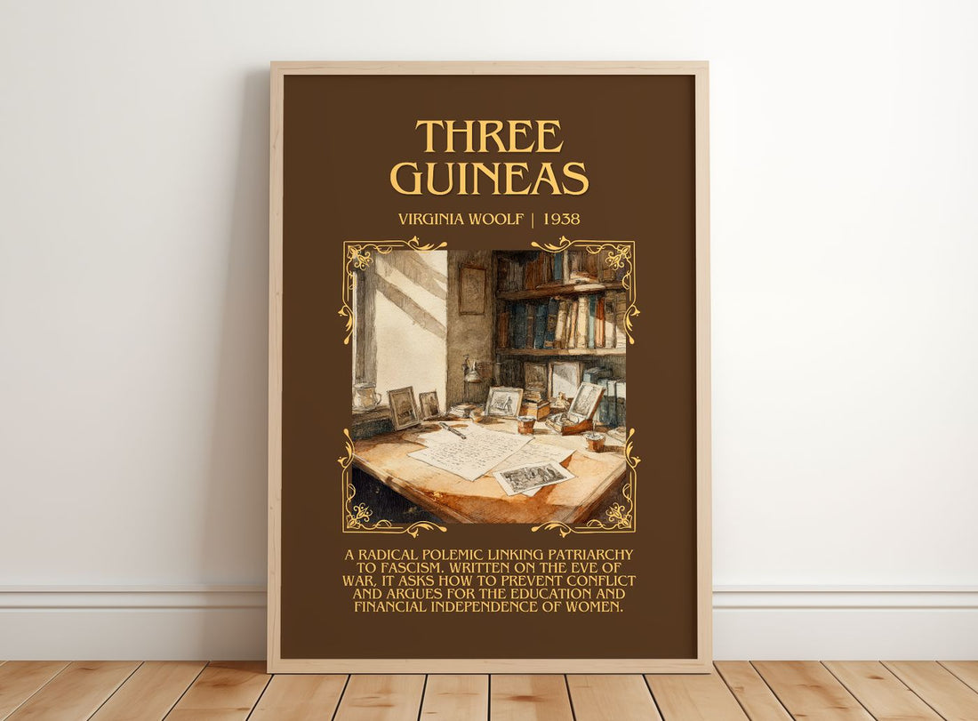 Three Guineas Minimalist Book Poster by Virginia Woolf – framed print leaning on a wooden floor