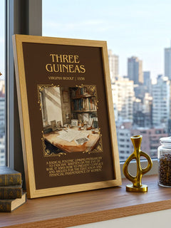 Three Guineas Minimalist Book Poster by Virginia Woolf – framed print on a city-view windowsill
