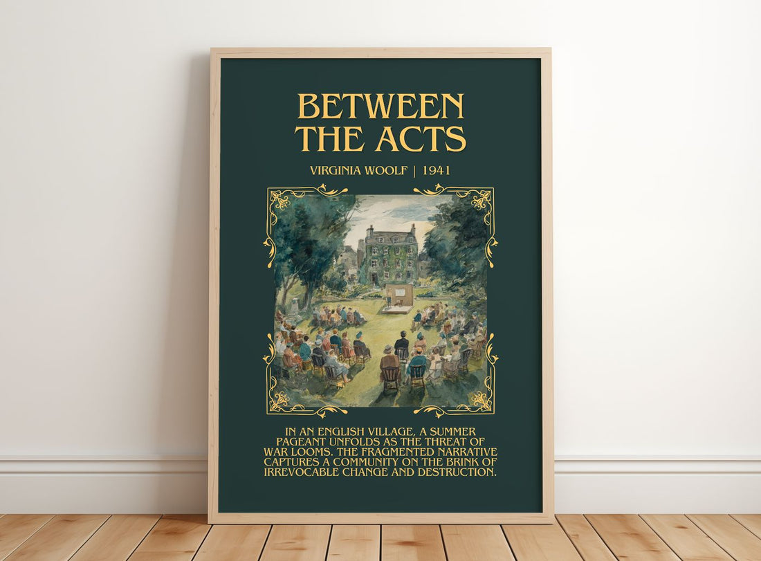 Between The Acts Minimalist Book Poster by Virginia Woolf – framed print leaning on a wooden floor