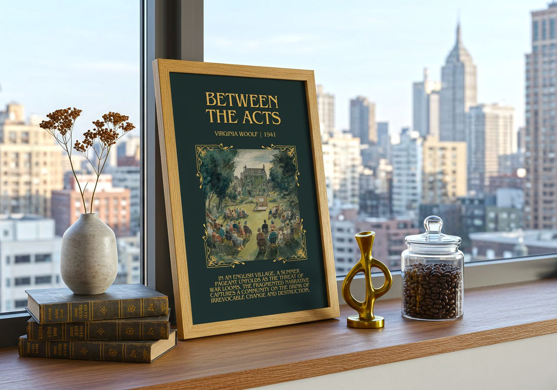 Between The Acts Minimalist Book Poster by Virginia Woolf – framed print on a city-view windowsill