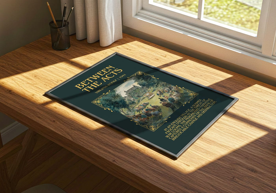 Between The Acts Minimalist Book Poster by Virginia Woolf – print on a sunlit desk