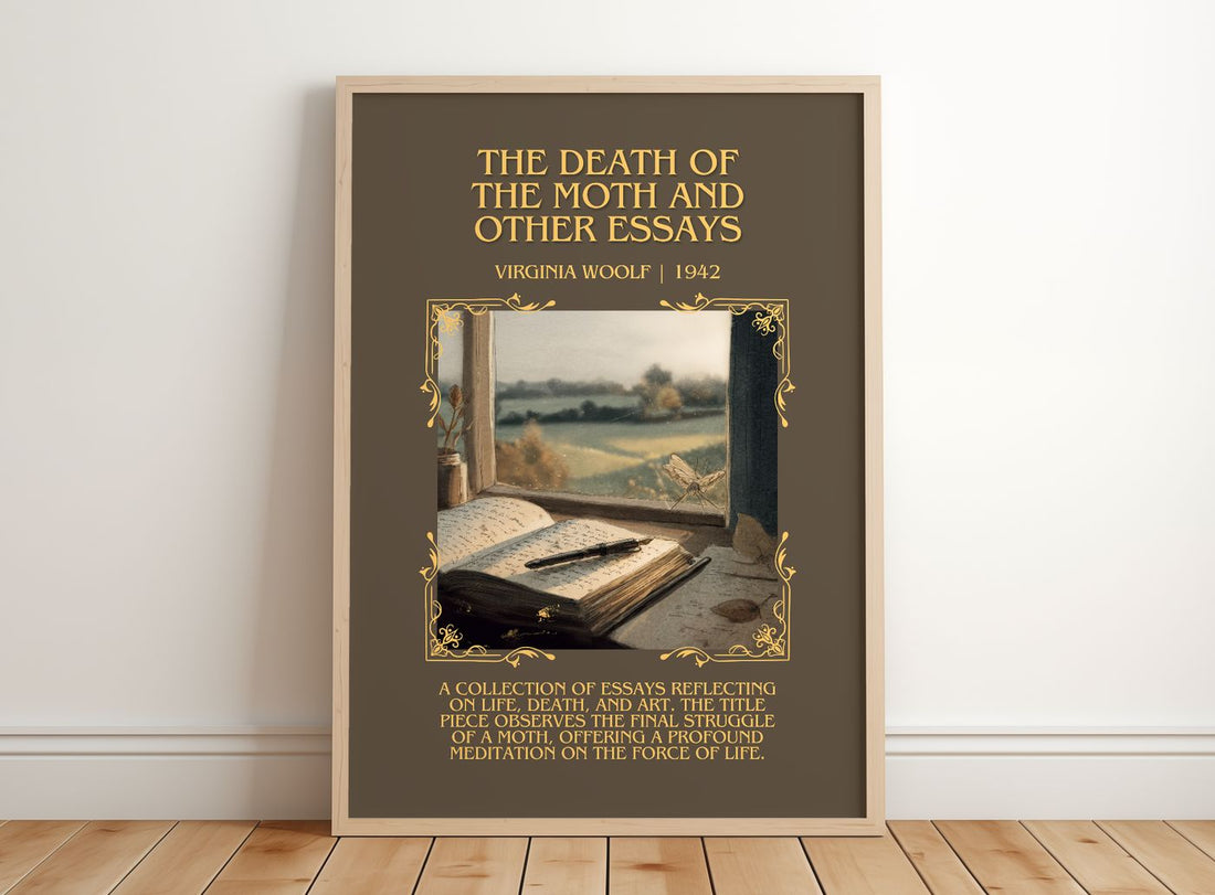 Death Of The Moth And Other Essays Minimalist Book Poster by V. Woolf – framed print leaning on a wooden floor