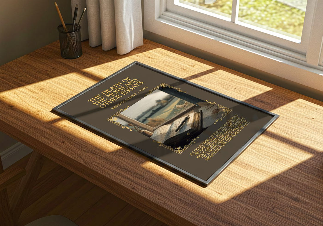 Death Of The Moth And Other Essays Minimalist Book Poster by V. Woolf – print on a sunlit desk