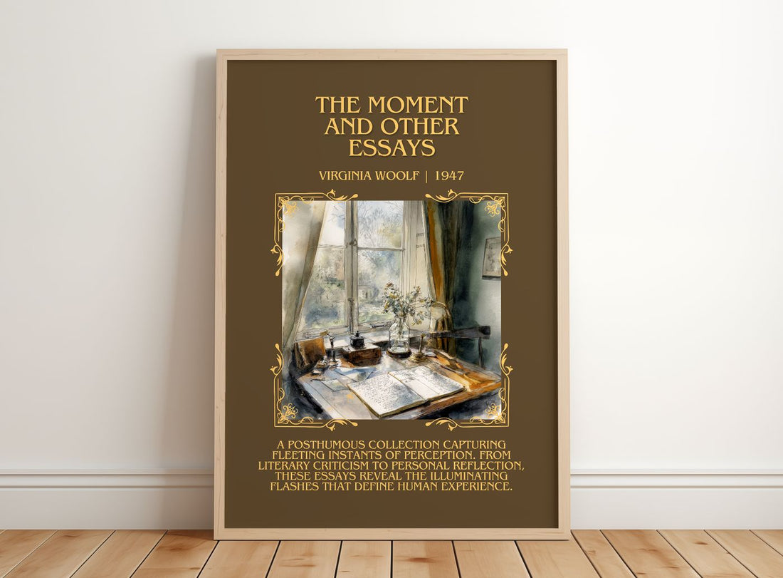 The Moment And Other Essays Minimalist Book Poster by Virginia Woolf – framed print leaning on a wooden floor