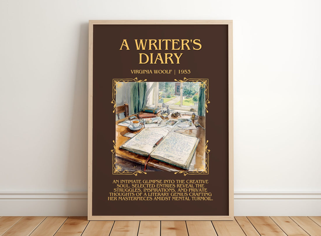 A Writer'S Diary Minimalist Book Poster by Virginia Woolf – framed print leaning on a wooden floor