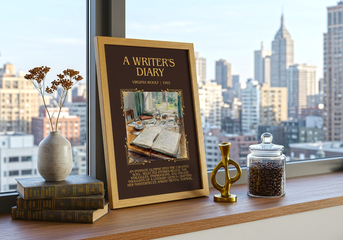 A Writer'S Diary Minimalist Book Poster by Virginia Woolf – framed print on a city-view windowsill