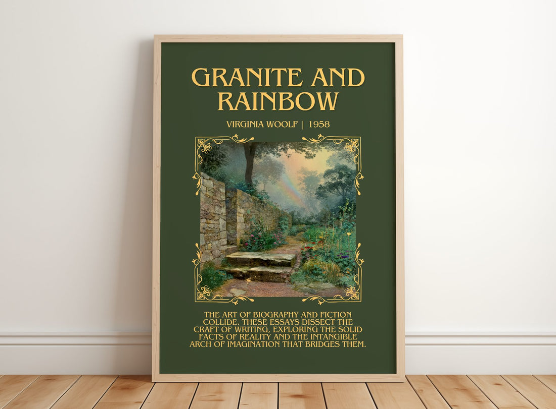 Granite And Rainbow Minimalist Book Poster by Virginia Woolf – framed print leaning on a wooden floor