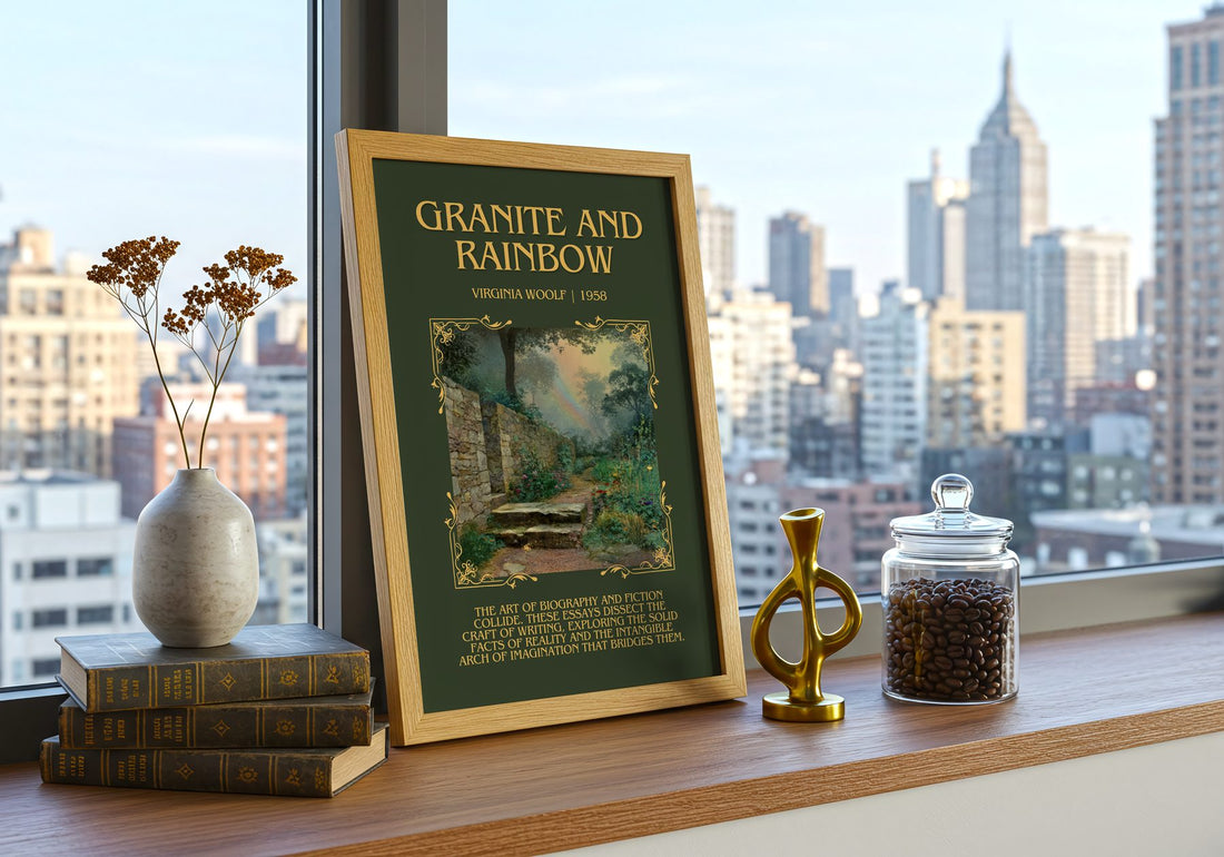 Granite And Rainbow Minimalist Book Poster by Virginia Woolf – framed print on a city-view windowsill