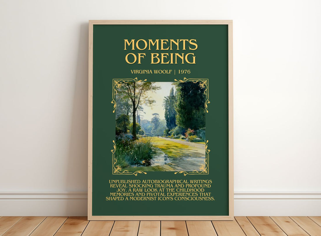 Moments Of Being Minimalist Book Poster by Virginia Woolf – framed print leaning on a wooden floor