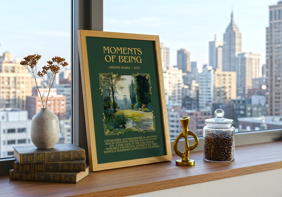Moments Of Being Minimalist Book Poster by Virginia Woolf – framed print on a city-view windowsill