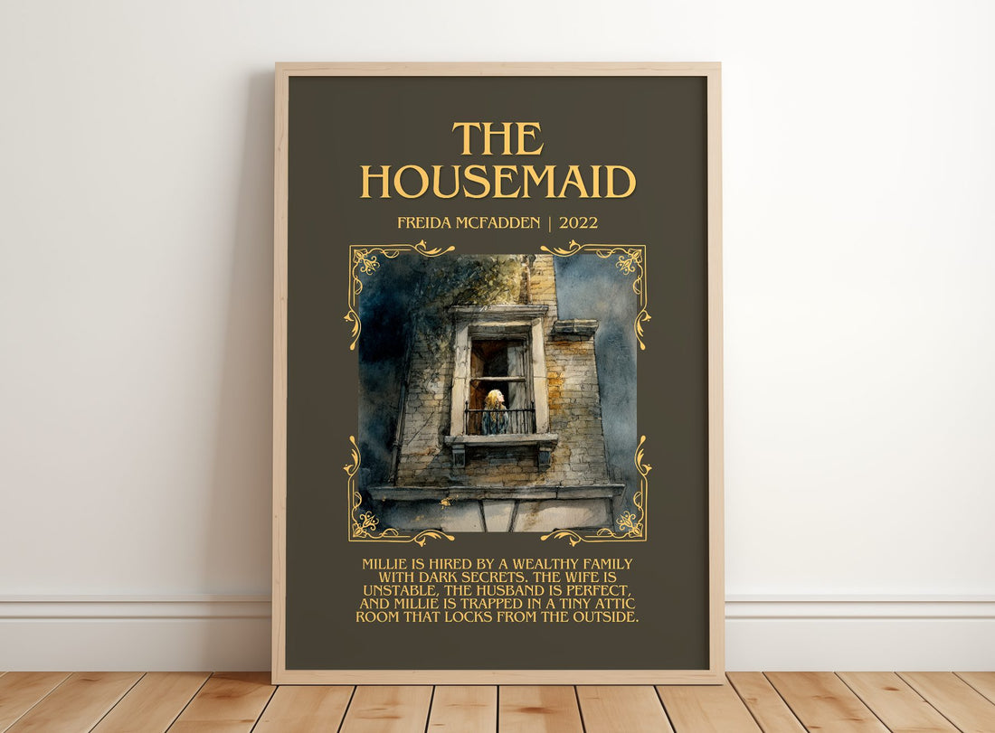 The Housemaid Minimalist Book Poster by Freida McFadden – framed print leaning on a wooden floor