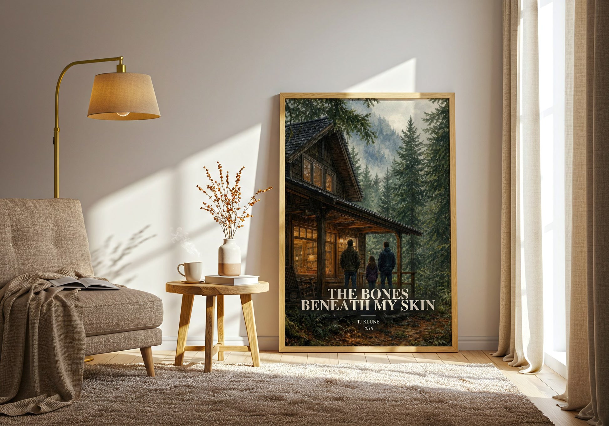 The Bones Beneath My Skin watercolour print in frame leaning in hallway – sci fi wall art