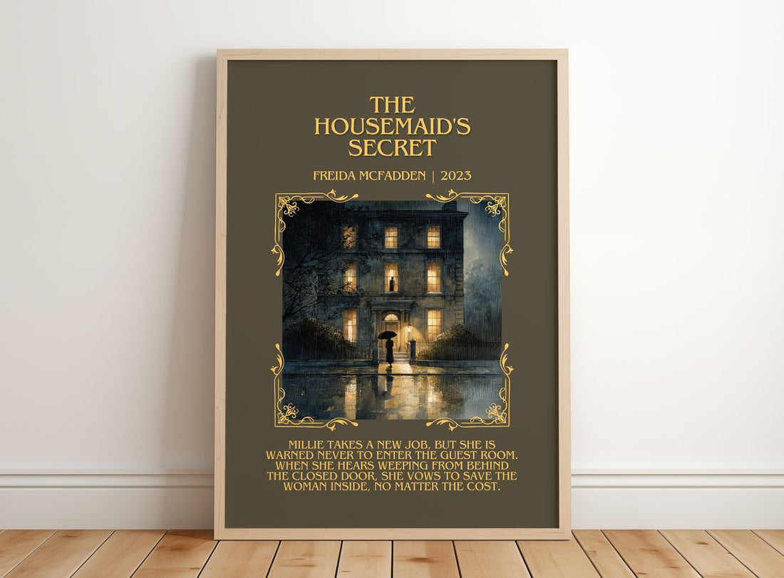 The Housemaid'S Secret Minimalist Book Poster by Freida McFadden – framed print leaning on a wooden floor