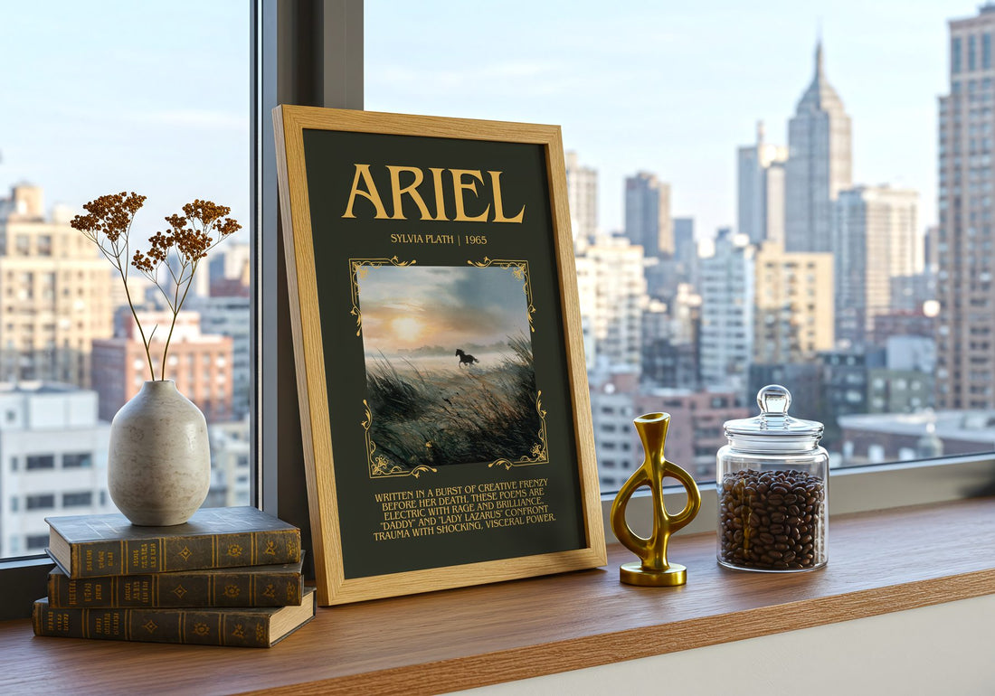 Ariel Minimalist Book Poster by Sylvia Plath – framed print on a city-view windowsill