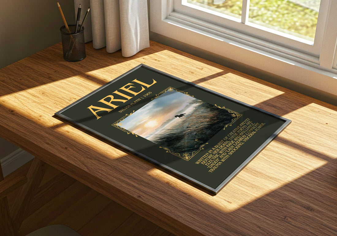 Ariel Minimalist Book Poster by Sylvia Plath – print on a sunlit desk