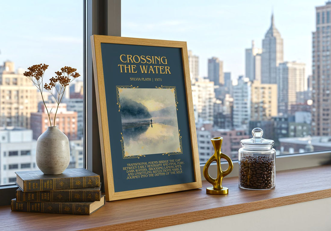Crossing The Water Minimalist Book Poster by Sylvia Plath – framed print on a city-view windowsill