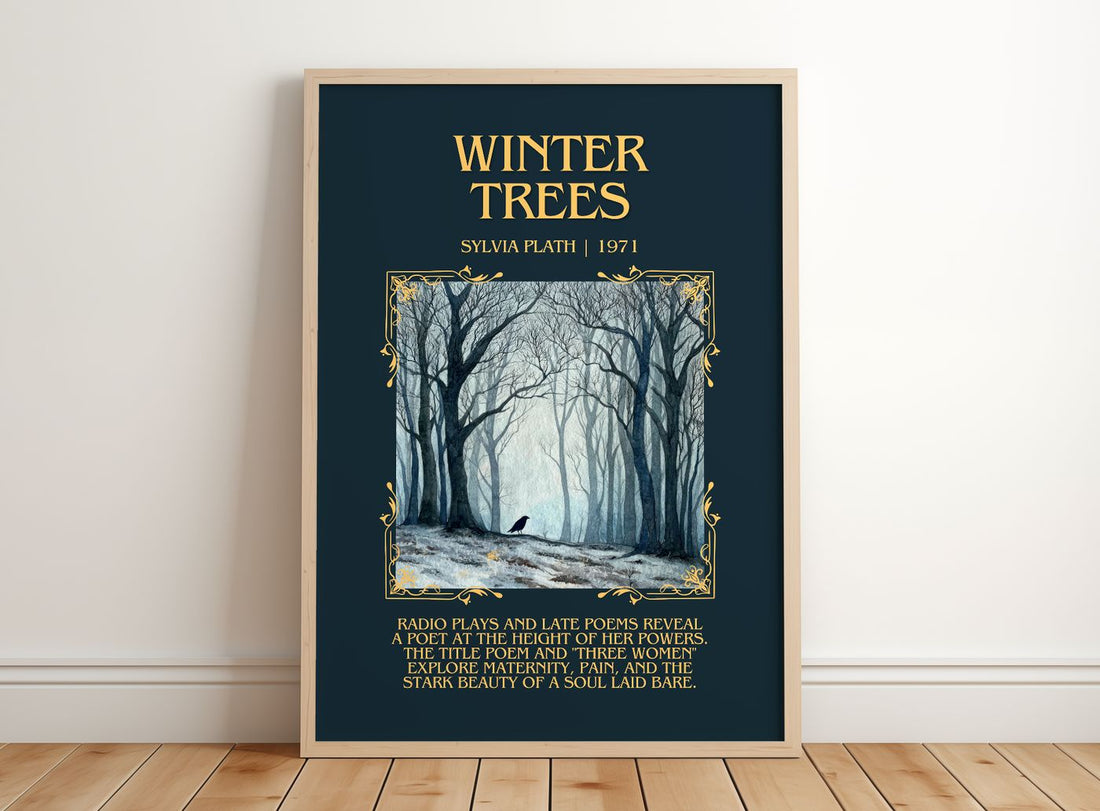 Winter Trees Minimalist Book Poster by Sylvia Plath – framed print leaning on a wooden floor