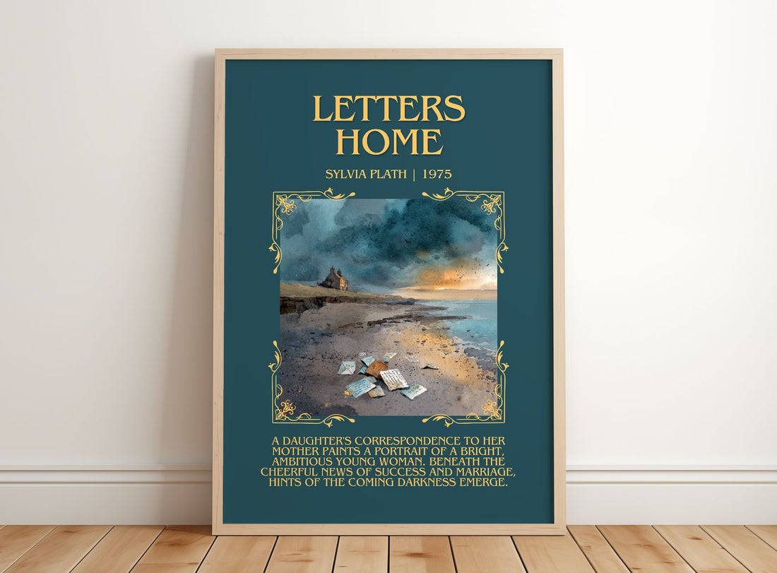 Letters Home Minimalist Book Poster by Sylvia Plath – framed print leaning on a wooden floor