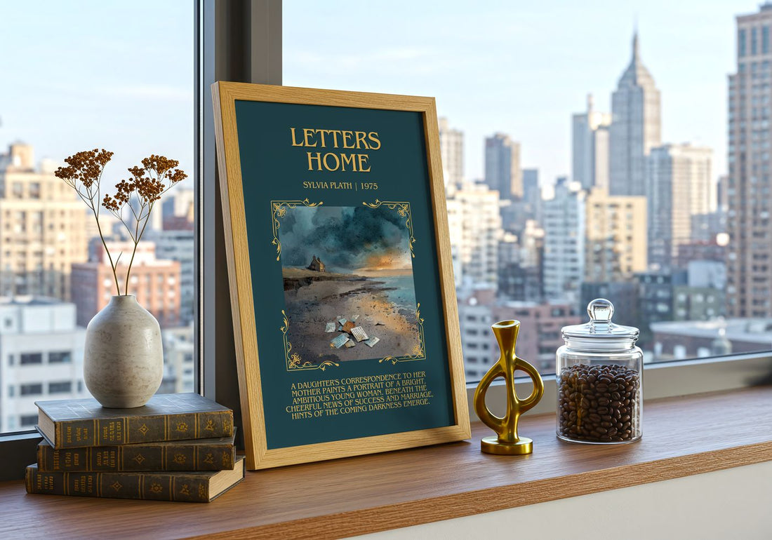Letters Home Minimalist Book Poster by Sylvia Plath – framed print on a city-view windowsill