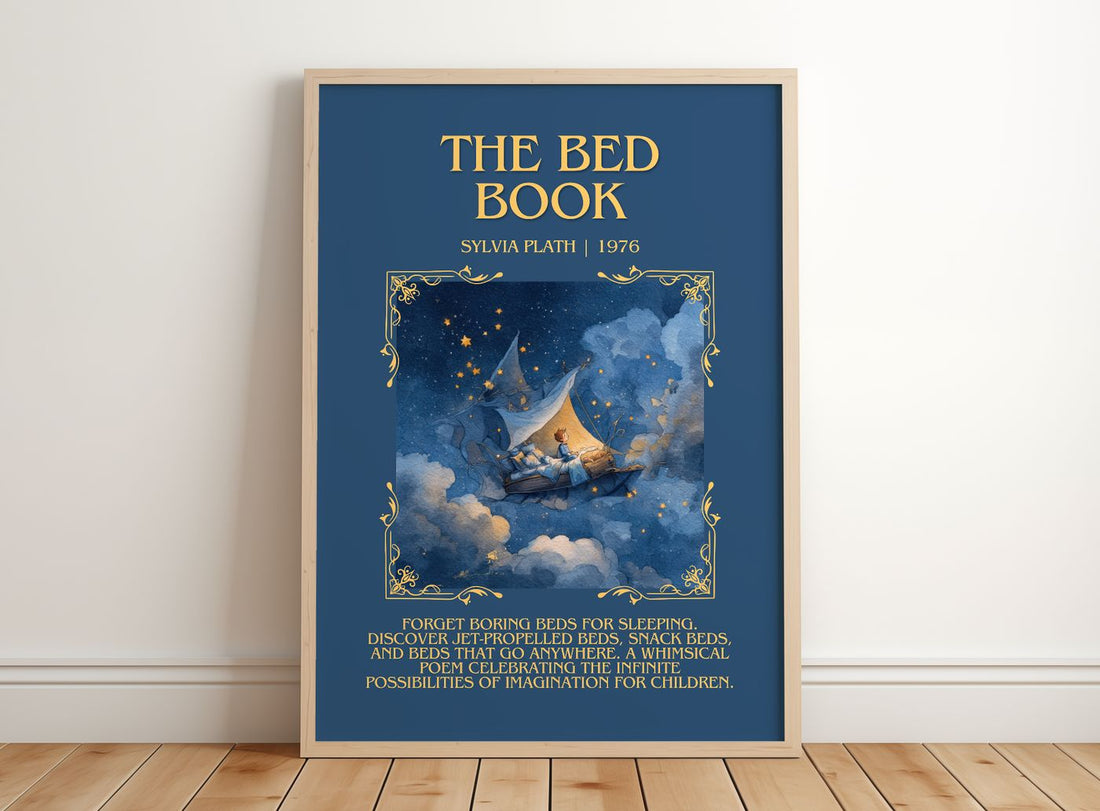 The Bed Book Minimalist Book Poster by Sylvia Plath – framed print leaning on a wooden floor