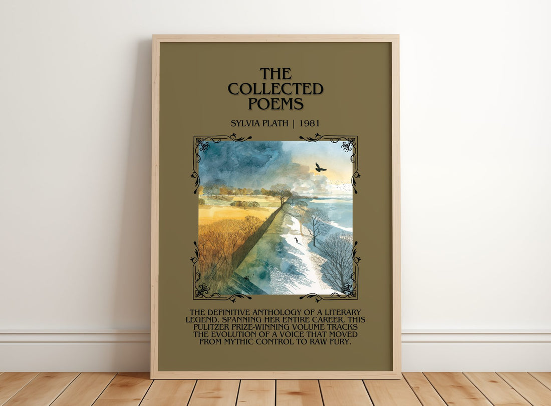 The Collected Poems Minimalist Book Poster by Sylvia Plath – framed print leaning on a wooden floor