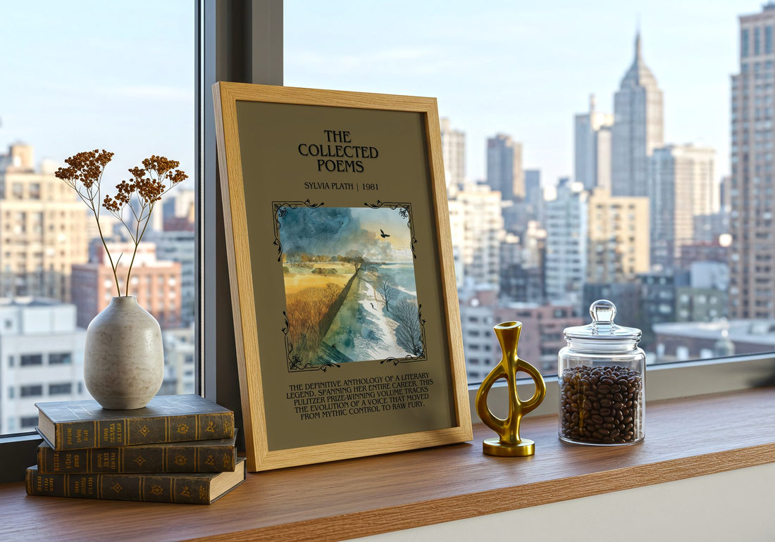 The Collected Poems Minimalist Book Poster by Sylvia Plath – framed print on a city-view windowsill
