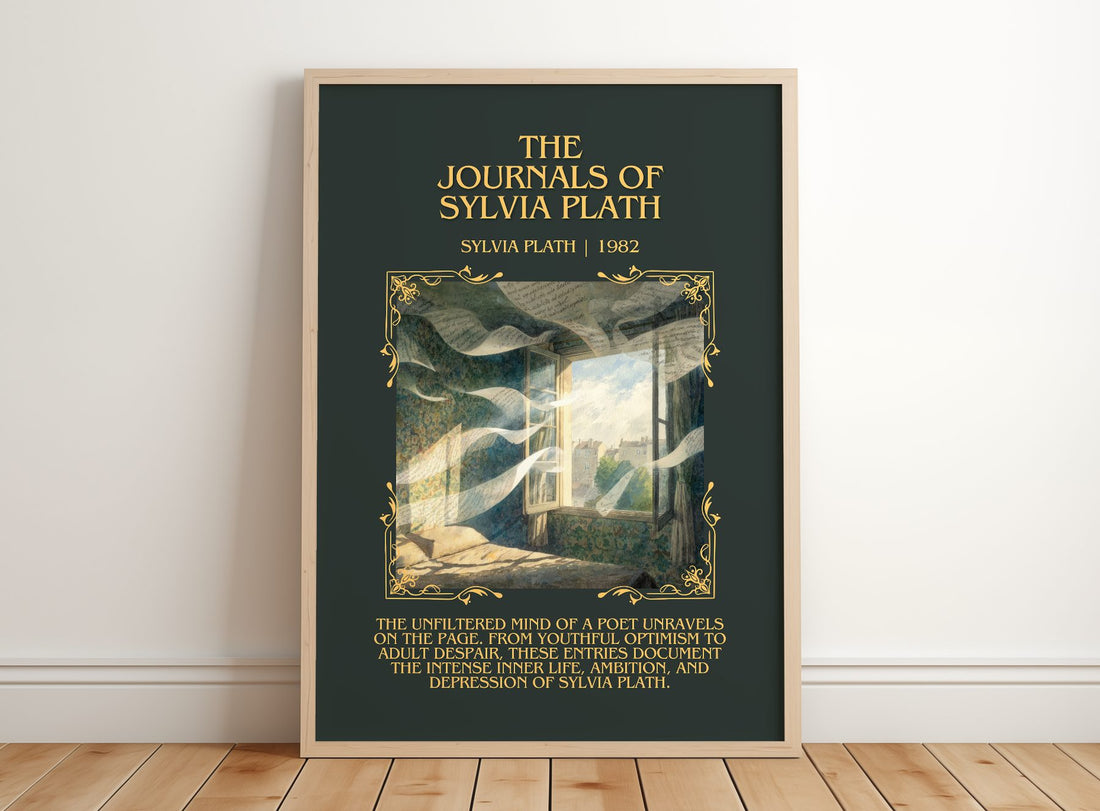 The Journals Of Sylvia Plath Minimalist Book Poster by Sylvia Plath – framed print leaning on a wooden floor