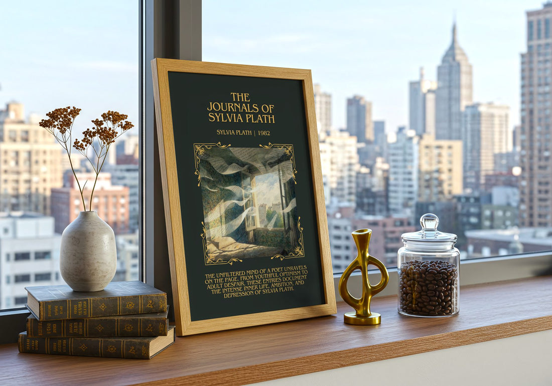 The Journals Of Sylvia Plath Minimalist Book Poster by Sylvia Plath – framed print on a city-view windowsill