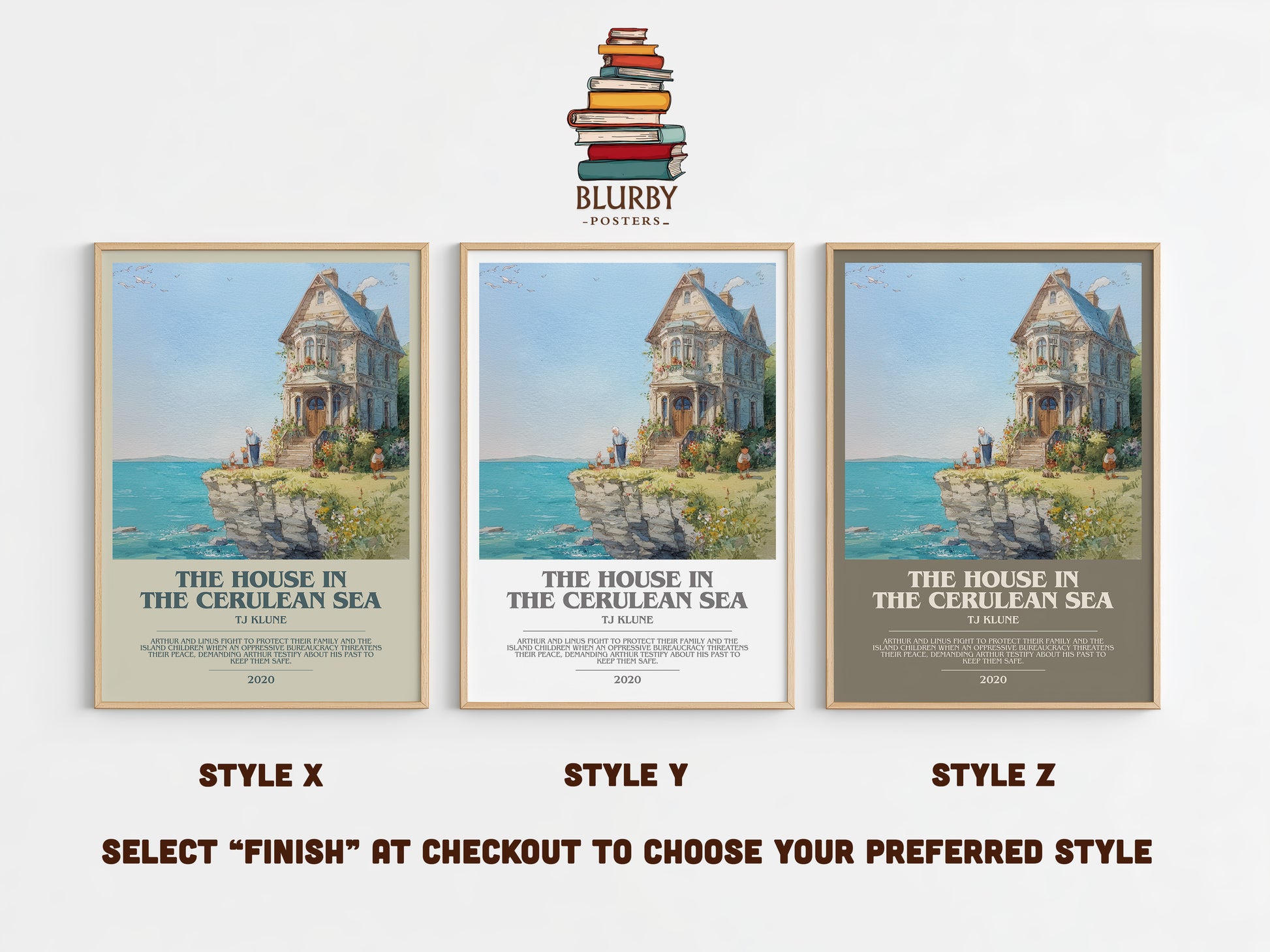The House in the Cerulean Sea bookish print in frame leaning in hallway – satire wall art