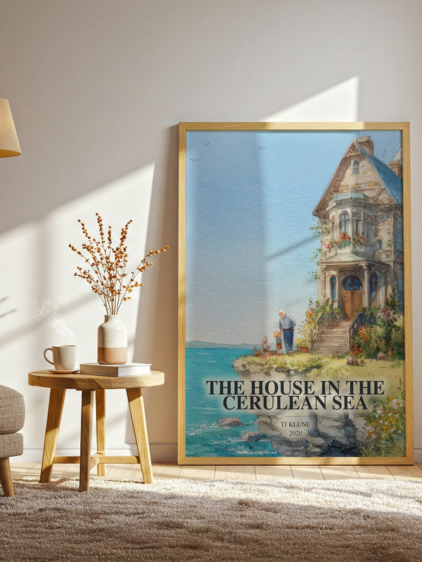 The House In The Cerulean Sea watercolour print in frame leaning in hallway – fantasy wall art